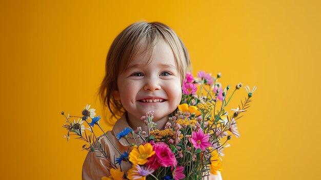 A toddler giggling while holding a bouquet of wildflowers