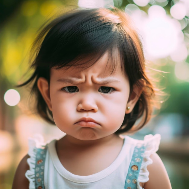 Toddler girl frowning and shows frustration on nature bokeh background ai generative