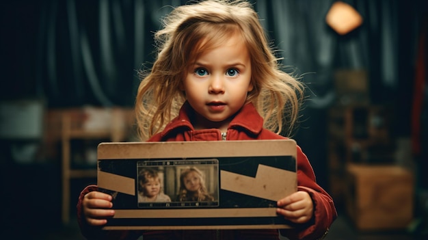 Toddler girl holding a film slate