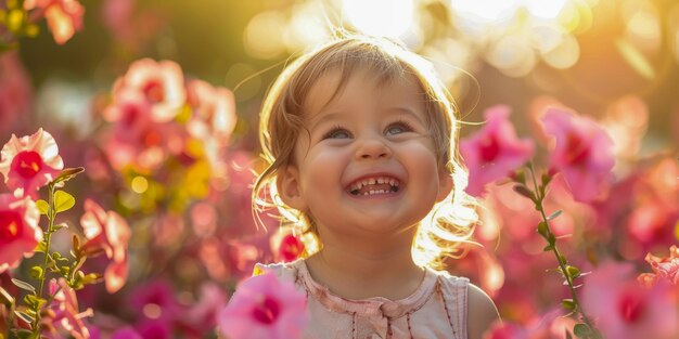 A toddler girl laughs joyfully surrounded by vibrant pink blossoms with the golden sunlight enhancing her innocent delight