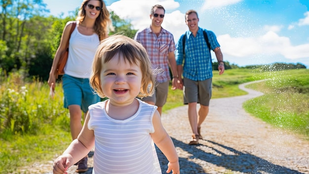 A toddler girl walking outdoors with her mother capturing a moment of family vacation and ecotourism