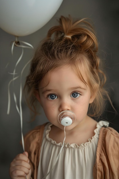 Photo toddler girl with pacifier holding balloon cute girl with soother and balloon child with pacifier in hand childhood innocence concept