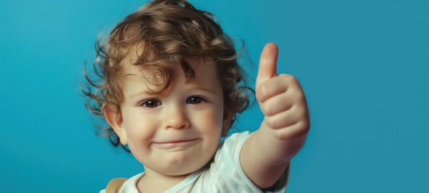 Toddler giving a thumbs up on blue background