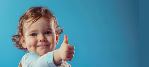 Toddler giving a thumbs up on blue background