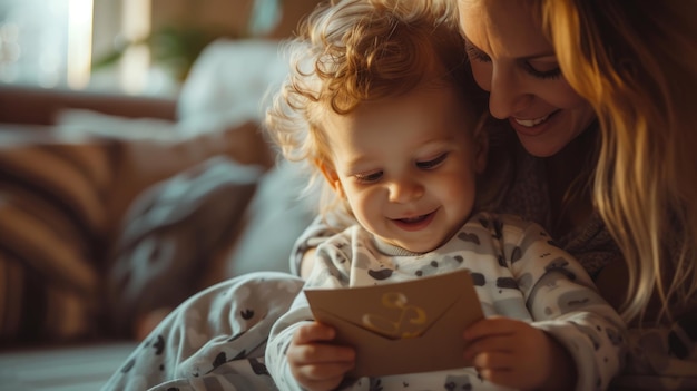 A toddler handing a handmade card to his mother