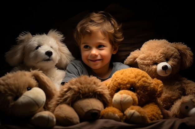 Toddler having fun with plush toys on their bed AI