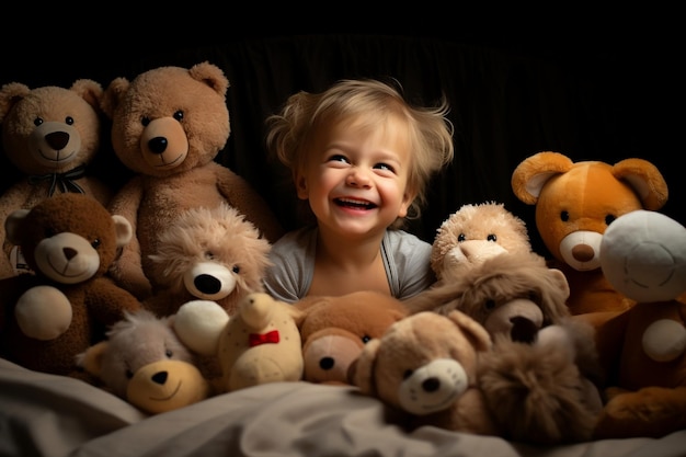 Toddler having fun with plush toys on their bed AI