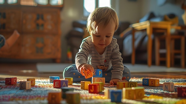 Toddler Playing with Colorful Wooden Blocks on a Sunny Day Indoors in a Cozy Living Room