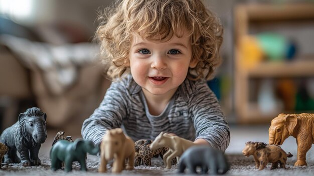 Photo toddler playing with toy animals happy child playtime imagination learning development