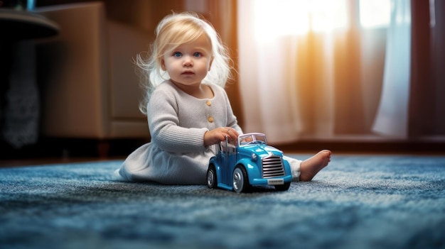 A toddler plays with a blue toy car on the carpet.