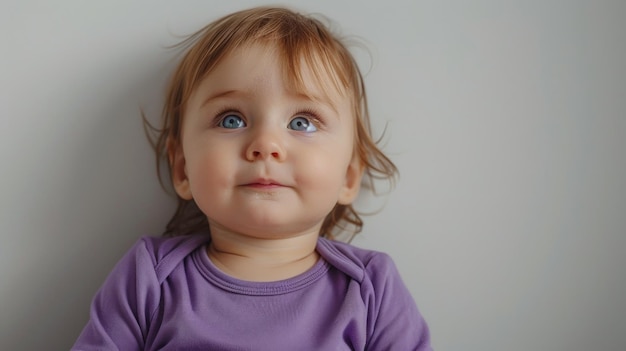 A toddler in a purple onesie against a white wall