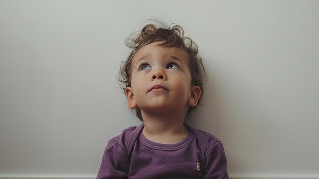 A toddler in a purple onesie against a white wall