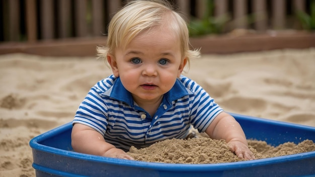 Toddler in striped shirt plays in a sandy outdoor sandbox