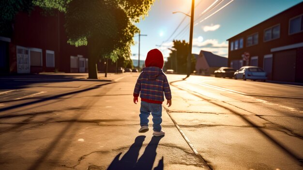 Toddler walking down street with red hoodie and blue jeans Generative AI