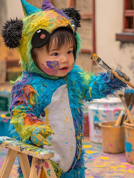 Toddler wearing panda costume holding paintbrush covered in paint