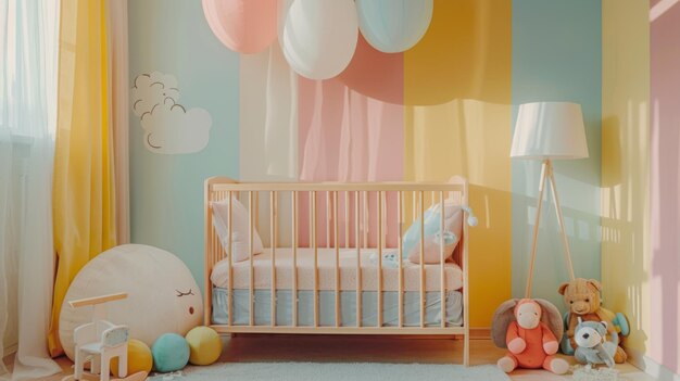 A toddler39s room with a crib soft toys and pastelcolored walls