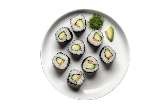 Tofu And Avocado Sushi Rolls On White Plate On White Background