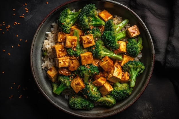 Tofu And Broccoli Stir Fry Vegetarian Top View Generative AI