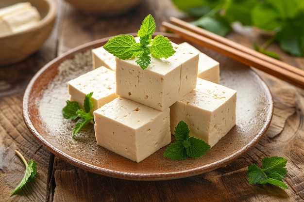 Tofu cheese on plate with chopsticks isolated