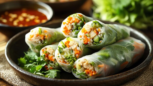 Tofu spring rolls with fresh veggies ginger and sauce