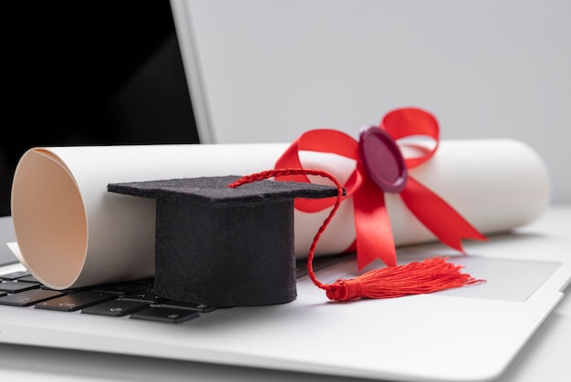 Toga hat and diploma on laptop