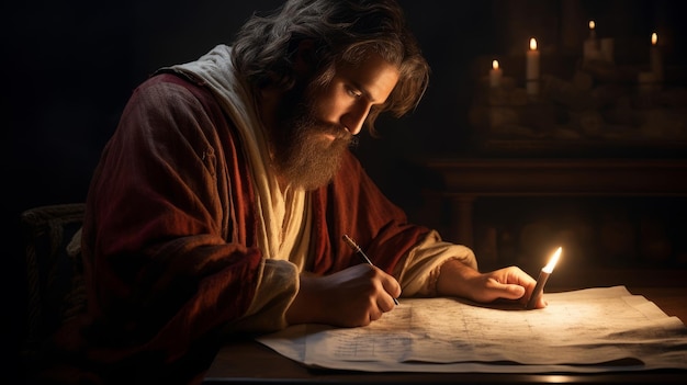 Togaclad scribe transcribing ancient scrolls by candlelight