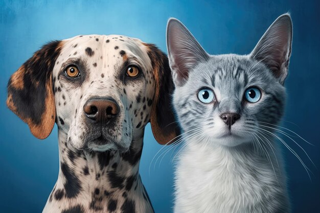 Together a cat and a dog look at the camera on a blue background