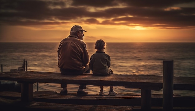 Together family enjoys tranquil sunset vacation outdoors generated by AI