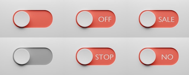 Toggle switch buttons set template Red switch NO OFF SALE STOP Switch design for app or website 3d render