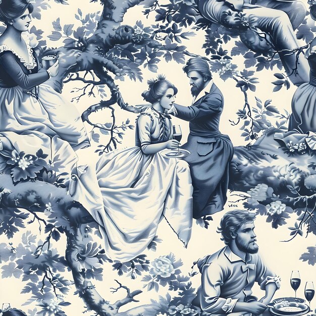 Toile De Jouy Pattern Idyllic Romantic Picnic Scene Celebrating Intimacy and Nature