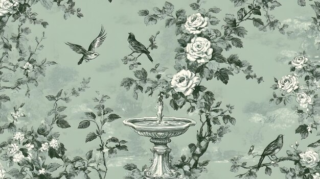 Toile de Jouy pattern with delicate garden scenes featuring roses fountains and birds in green creative High quality sharp imagesgraphicillustration