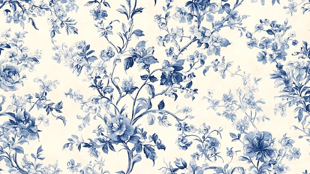 Photo toile de jouy seamless pattern floral medley with delicate vines light cream and blue tones traditional elegance intricate detailing