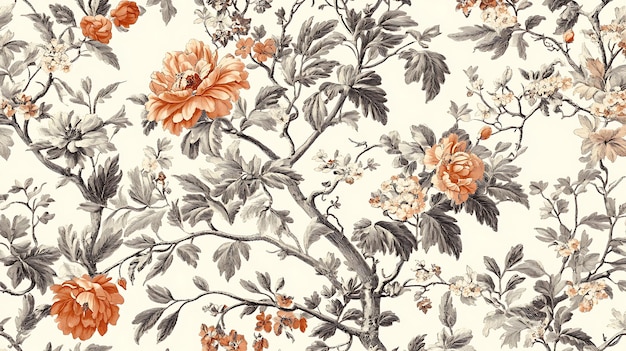 Toile de Jouy seamless pattern naturalistic florals and foliage soft autumn hues detailed line art retro textile classic beauty