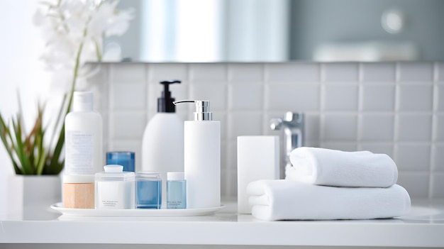 Toiletries soap towel creams and lotions on blurred white bathroom spa background