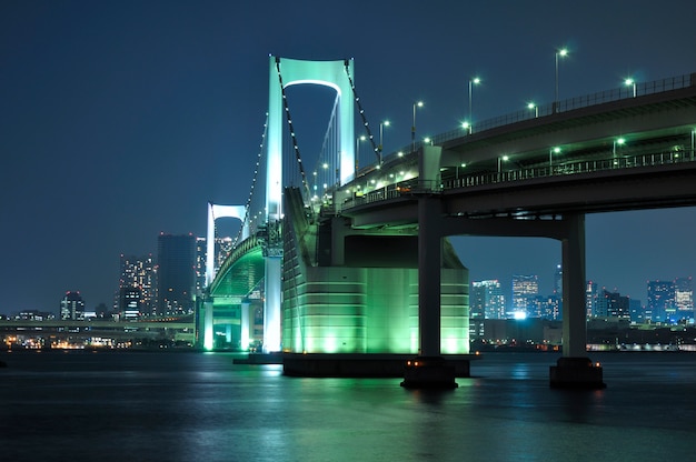 Tokyo landmarks, Tokyo Rainbow bridge over bay waters with scenic night illumination