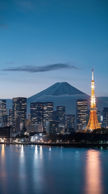 Photo tokyo skyline at night with view of the tokyo tower and mount fuji