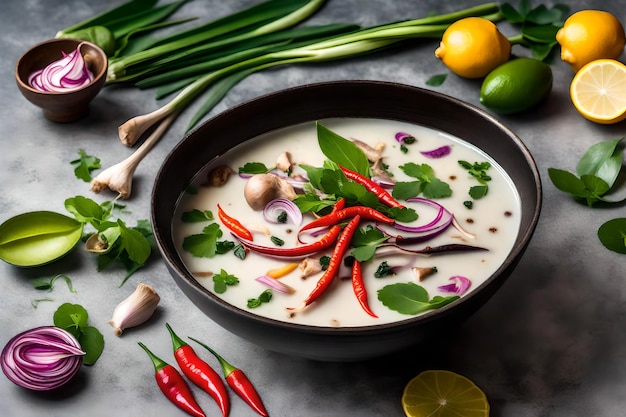 Tom kha kai in a bowl with kaffir lime leaves lemongrass red onion galangal and chilli