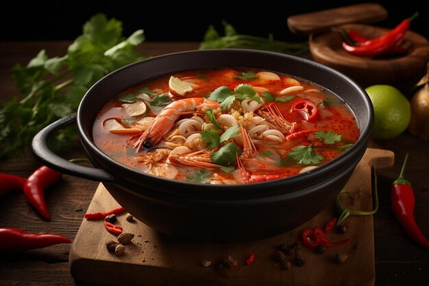 Tom yam kung is a spicy clear soup typical in thailand