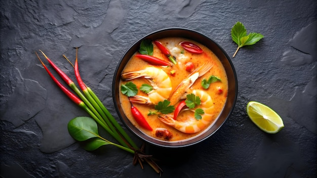 Photo tom yam kung spicy thai soup with shrimp in a black bowl on a dark stone background