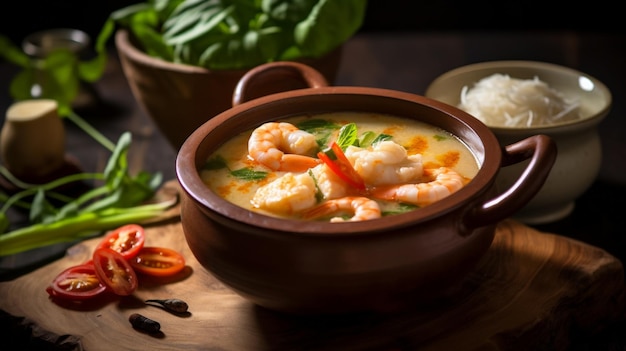 Tom Yam Prawn and lemon soup with mushrooms thai food in wooden bowl Ai generative