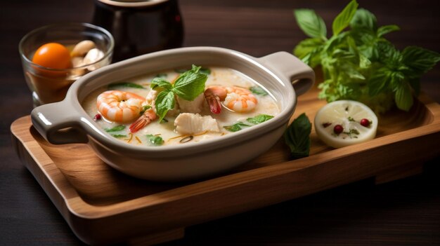 Tom Yam Prawn and lemon soup with mushrooms thai food in wooden bowl Ai generative