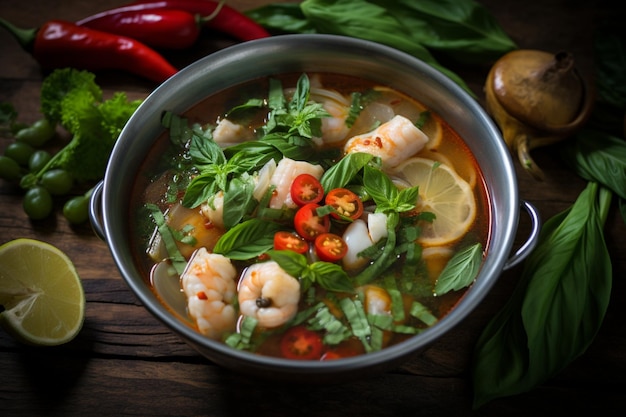 Photo tom yum goong with fresh basil