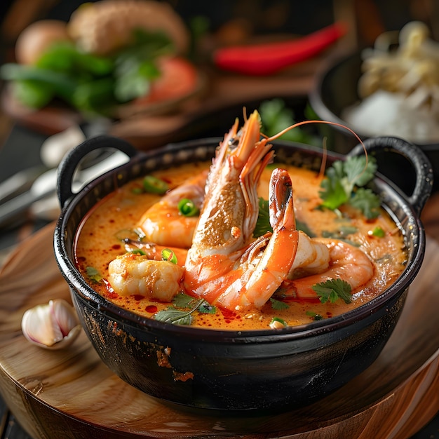 Tom Yum Kung A Thai food that is famous around the world in a classic antique bowl and a blurred background In a Thai restaurant