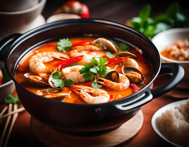 Tom yum mixed seafood in thick soup hot pot spicy thai food