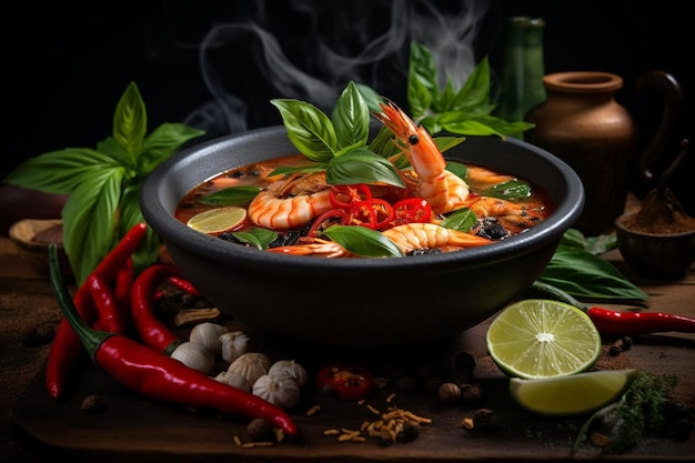 Photo tom yum soup with coconut milk and thai herbs d