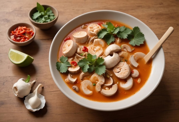 Tom Yum Soup with Fresh Ingredients and Thai Spoon