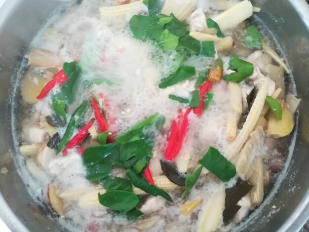 Tom Yum soup with Ginger galangal lemongrass kaffir lime leaves and chilli thailand food