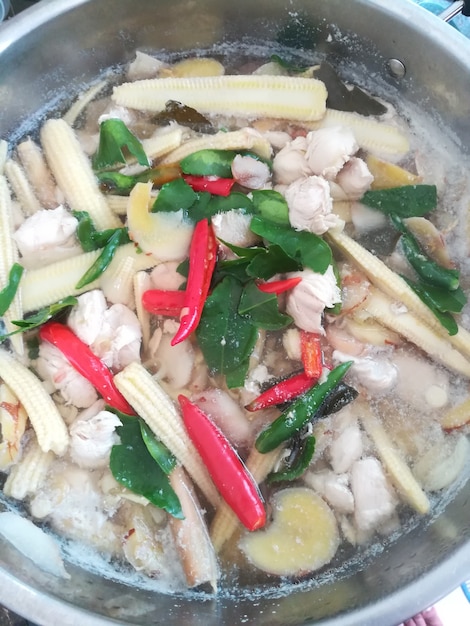 Tom Yum soup with Ginger galangal lemongrass kaffir lime leaves and chilli thailand food