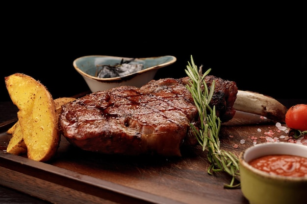 Tomahawk steak on the bone with sauce and potatoes on a wooden board