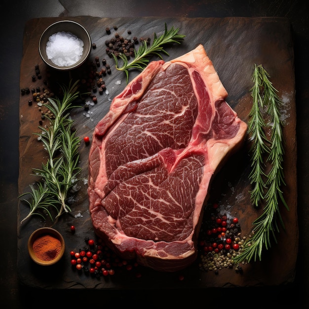 Tomahawk steak ingredients raw meat and fresh rosemary for cooking in luxurious kitchen style